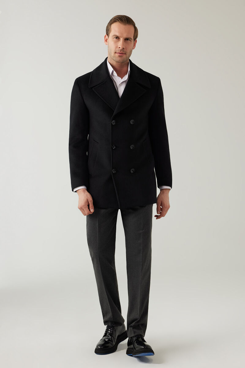 Erkek Siyah Regular Fit Kırlangıç Yaka Kaban - 2