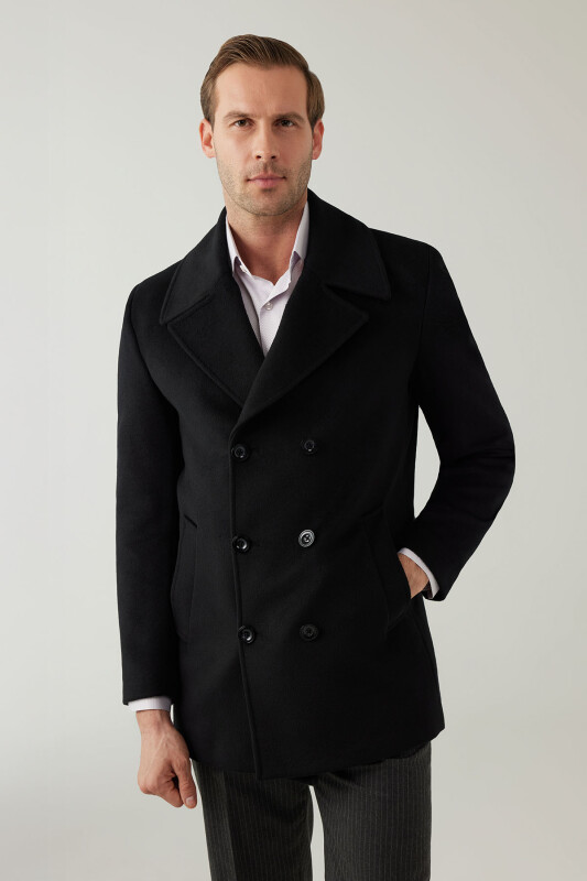 Erkek Siyah Regular Fit Kırlangıç Yaka Kaban