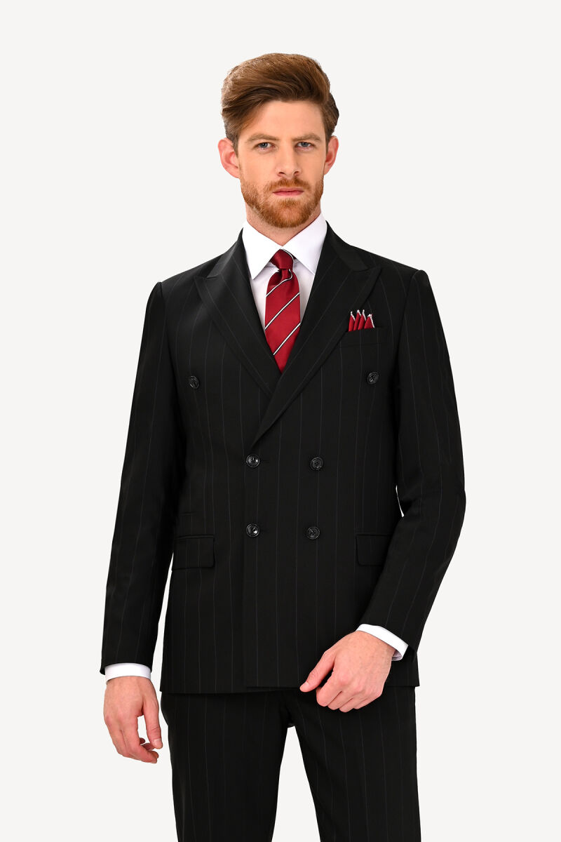 Erkek Siyah Regular Fit Kruvaze Yün Takım Elbise - 2