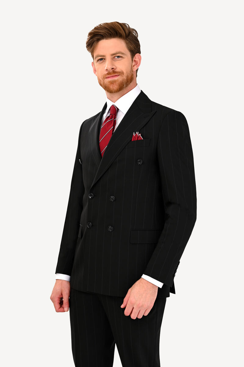 Erkek Siyah Regular Fit Kruvaze Yün Takım Elbise - 3