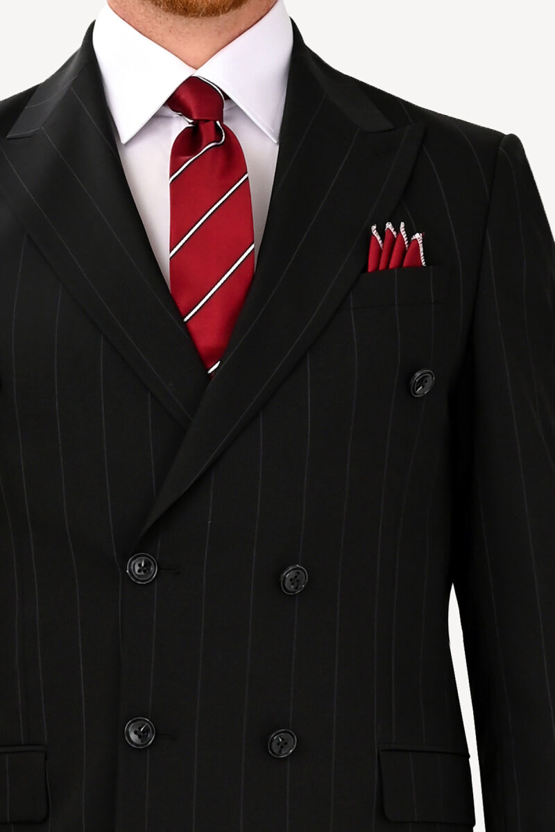 Erkek Siyah Regular Fit Kruvaze Yün Takım Elbise - 4