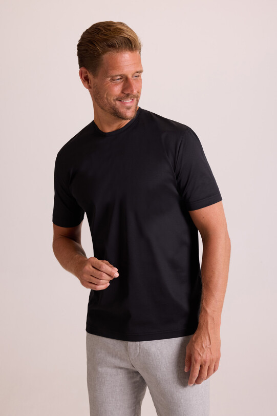Erkek Siyah Regular Fit Merserize Pamuk T-Shirt