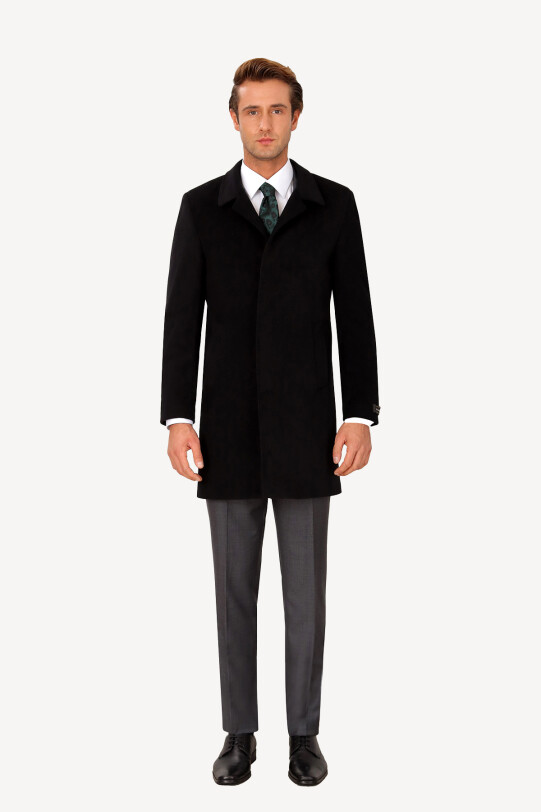 Erkek Siyah Regular Fit Mono Yaka Kaşmir Palto