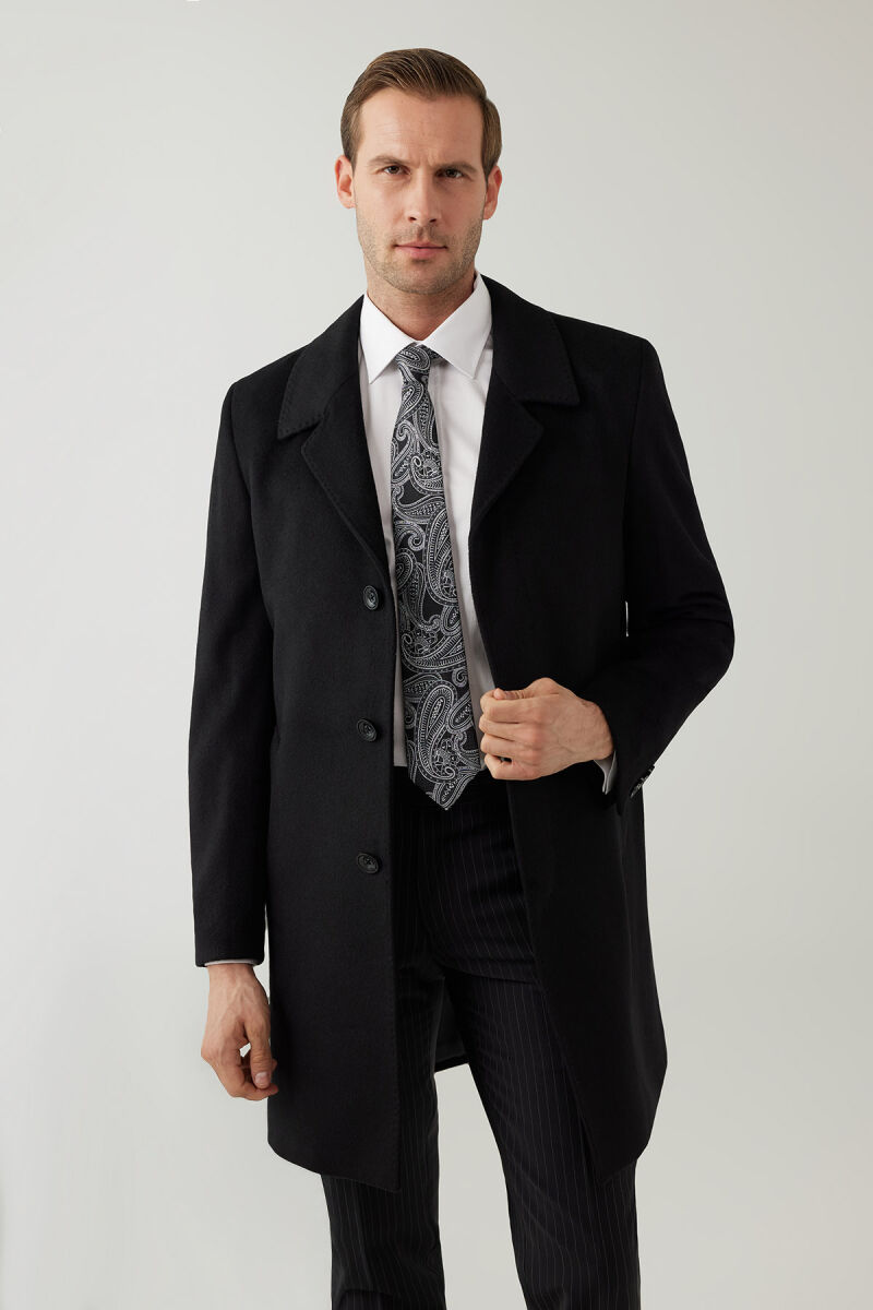 Erkek Siyah Regular Fit Mono Yaka Kaşmir Palto - 1