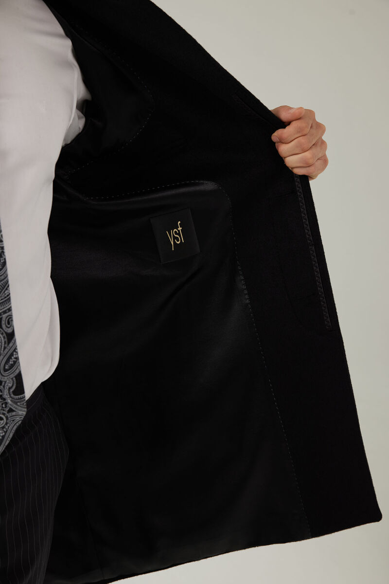 Erkek Siyah Regular Fit Mono Yaka Kaşmir Palto - 11