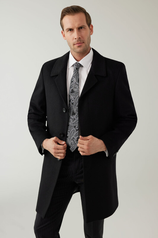 Erkek Siyah Regular Fit Mono Yaka Kaşmir Palto