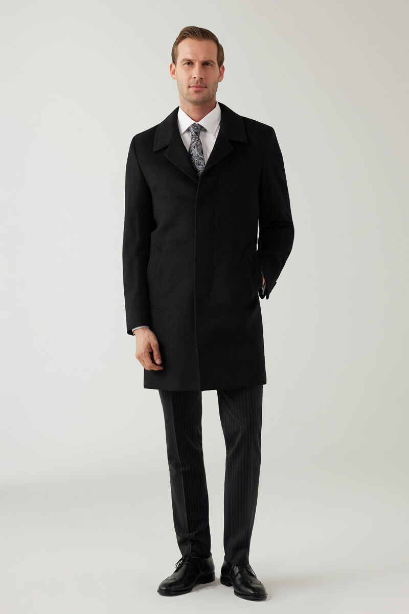 Erkek Siyah Regular Fit Mono Yaka Kaşmir Palto - 3