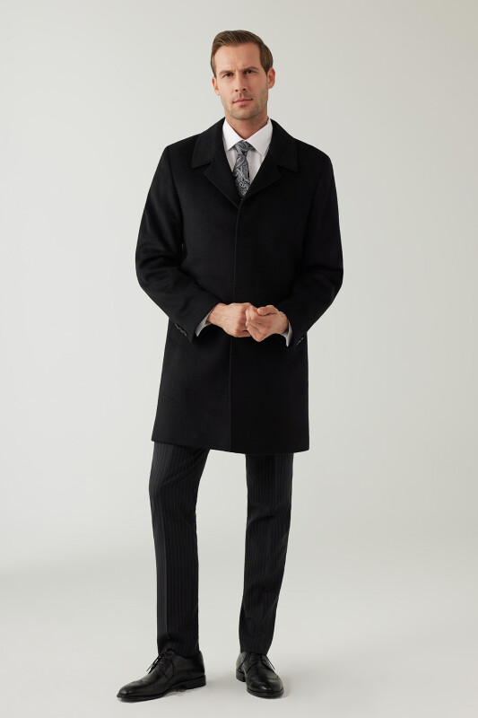 Erkek Siyah Regular Fit Mono Yaka Kaşmir Palto