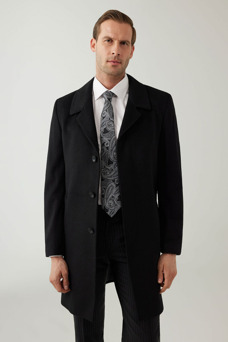 Erkek Siyah Regular Fit Mono Yaka Kaşmir Palto - 5