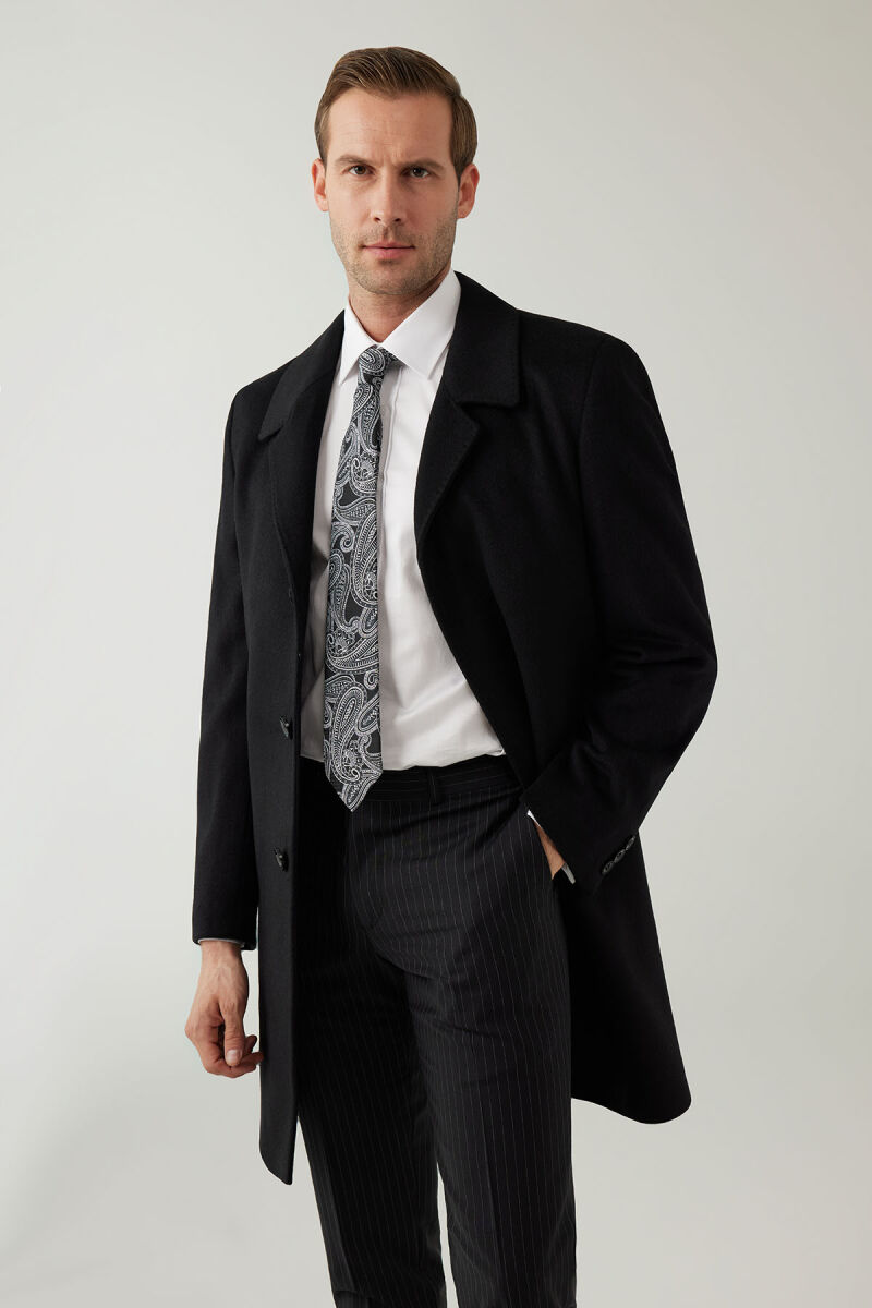 Erkek Siyah Regular Fit Mono Yaka Kaşmir Palto - 6