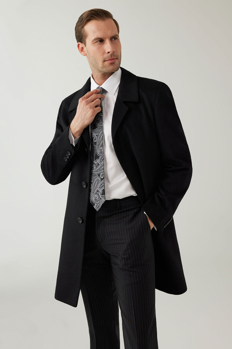Erkek Siyah Regular Fit Mono Yaka Kaşmir Palto - 7