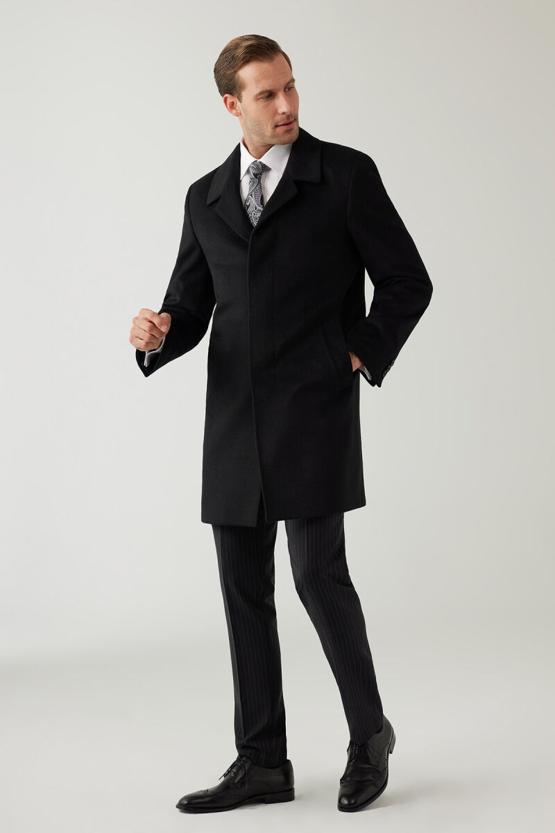 Erkek Siyah Regular Fit Mono Yaka Kaşmir Palto - 8