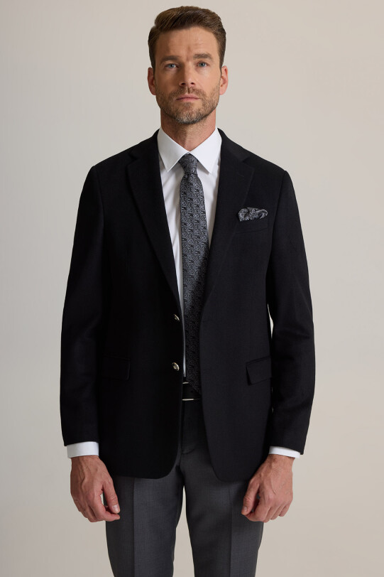 Erkek Siyah Regular Fit Mono Yaka Puntolu Yün-Kaşmir Karışımlı Blazer Ceket