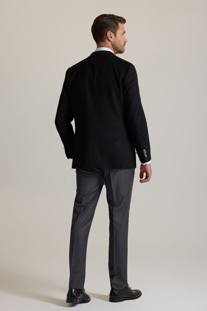 Erkek Siyah Regular Fit Mono Yaka Puntolu Yün-Kaşmir Karışımlı Blazer Ceket - 10