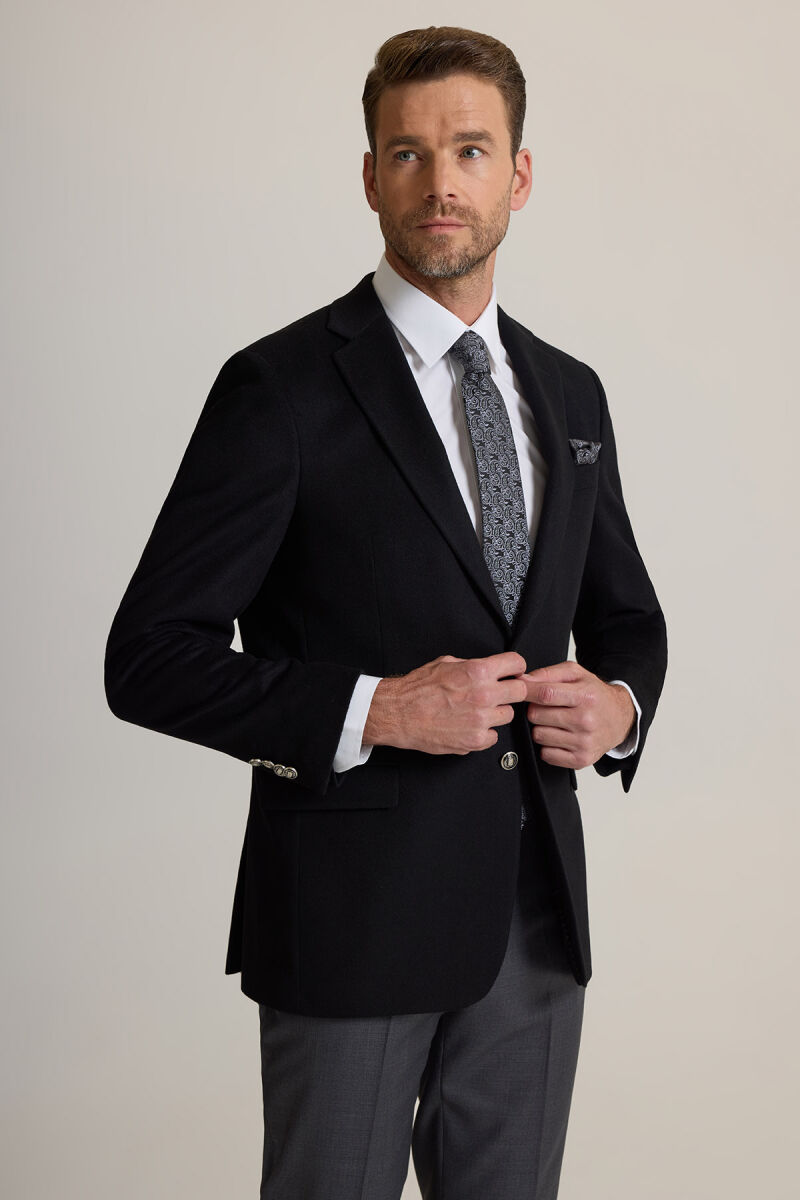 Erkek Siyah Regular Fit Mono Yaka Puntolu Yün-Kaşmir Karışımlı Blazer Ceket - 2