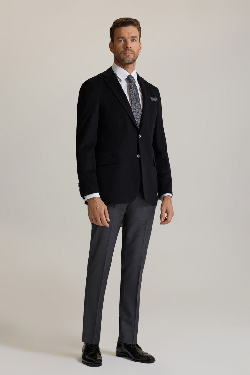 Erkek Siyah Regular Fit Mono Yaka Puntolu Yün-Kaşmir Karışımlı Blazer Ceket - 3