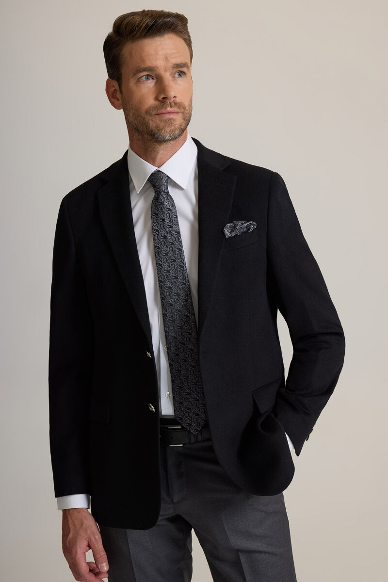 Erkek Siyah Regular Fit Mono Yaka Puntolu Yün-Kaşmir Karışımlı Blazer Ceket - 4