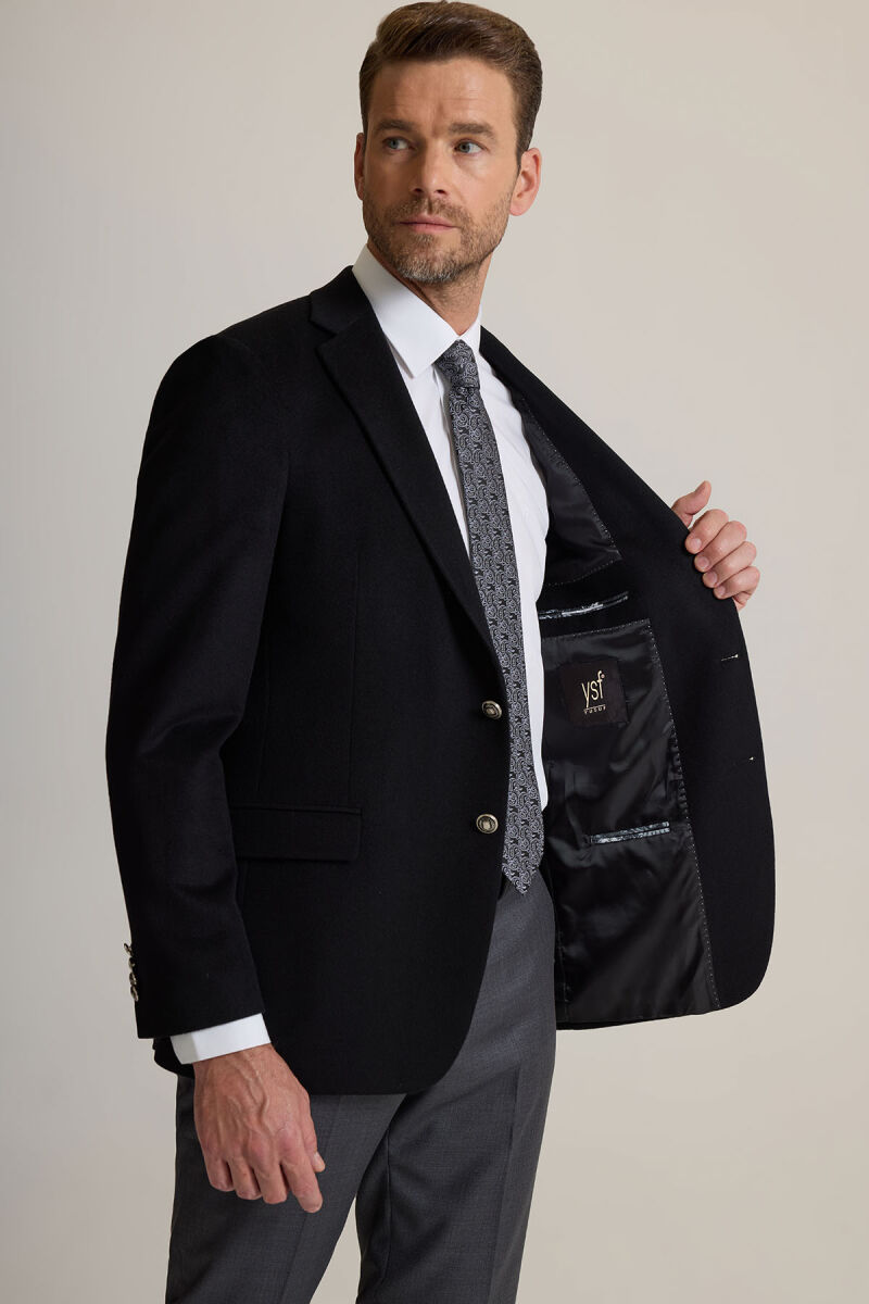 Erkek Siyah Regular Fit Mono Yaka Puntolu Yün-Kaşmir Karışımlı Blazer Ceket - 5