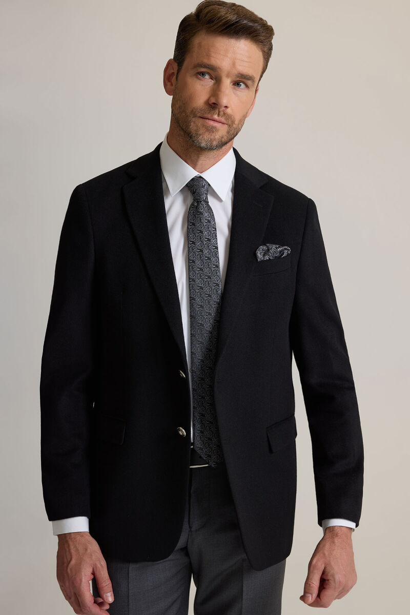 Erkek Siyah Regular Fit Mono Yaka Puntolu Yün-Kaşmir Karışımlı Blazer Ceket - 6