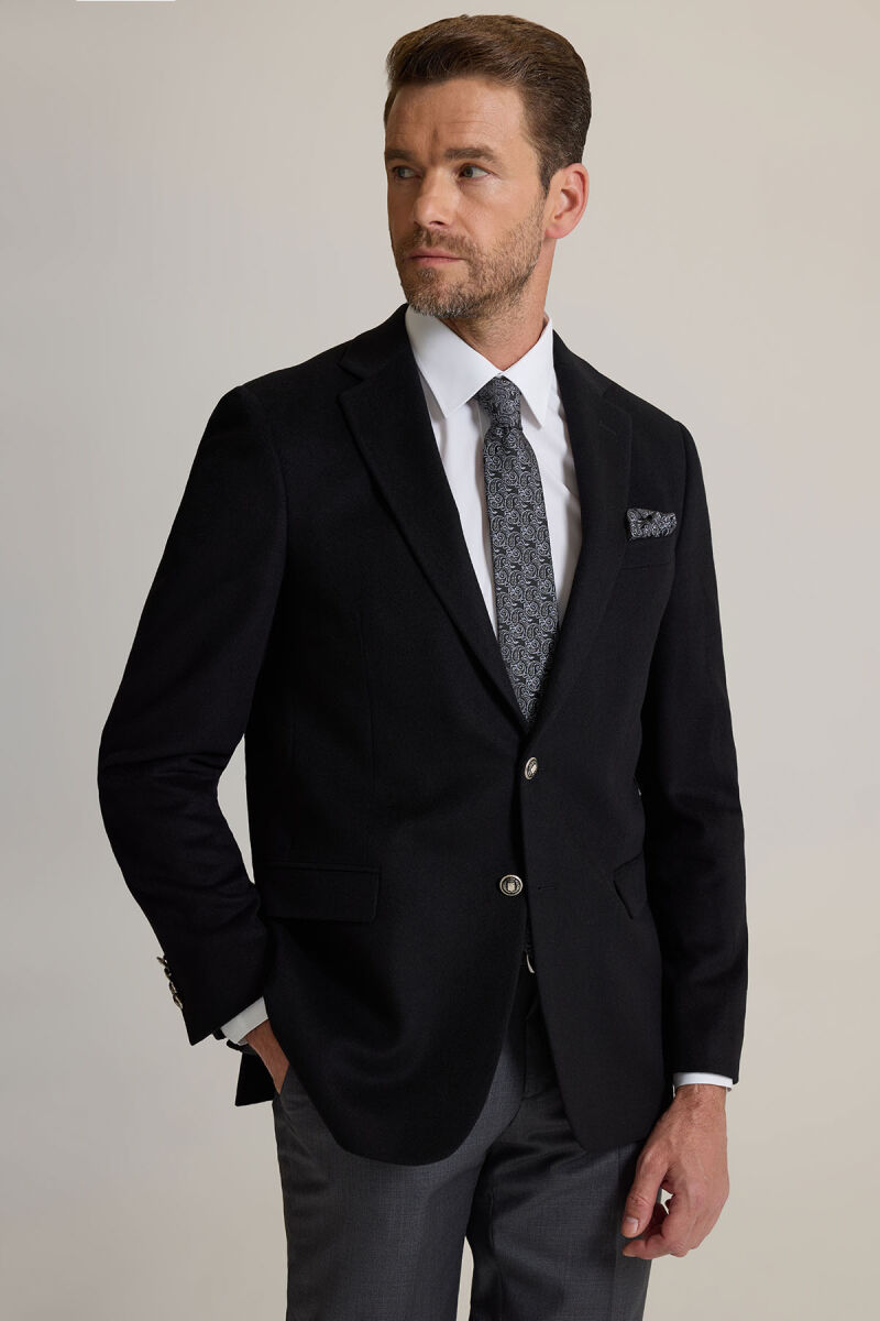 Erkek Siyah Regular Fit Mono Yaka Puntolu Yün-Kaşmir Karışımlı Blazer Ceket - 7