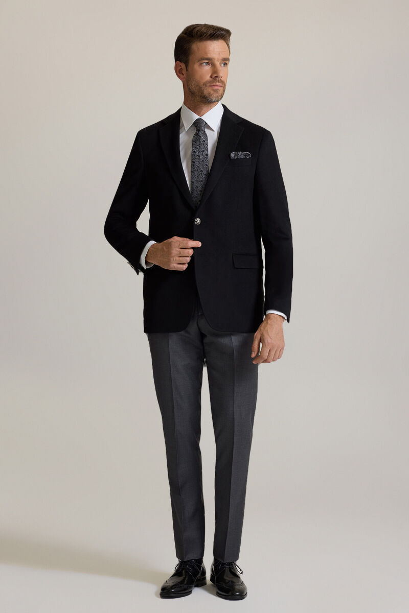 Erkek Siyah Regular Fit Mono Yaka Puntolu Yün-Kaşmir Karışımlı Blazer Ceket - 9