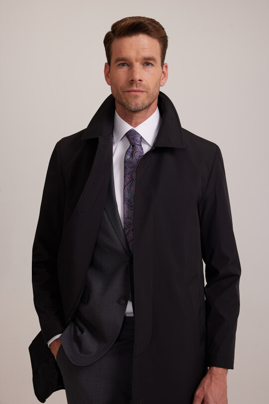 Erkek Siyah Regular Fit Pardesü İçi Çıkmalı