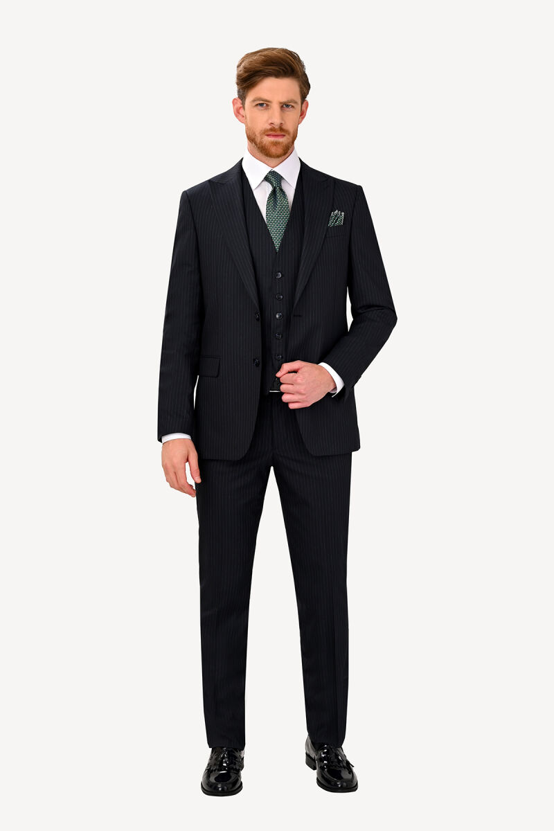 Erkek Siyah Regular Fit Sivri Yaka Yelekli Takım Elbise - 1