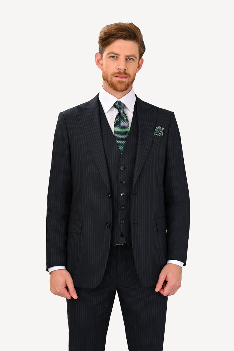 Erkek Siyah Regular Fit Sivri Yaka Yelekli Takım Elbise - 3