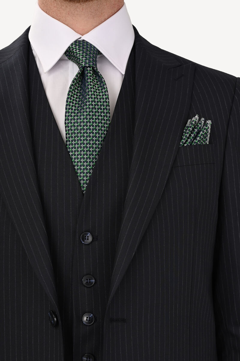 Erkek Siyah Regular Fit Sivri Yaka Yelekli Takım Elbise - 4