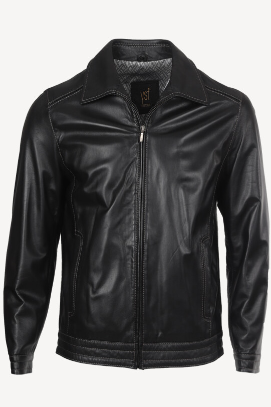 Erkek Siyah Regular Fit Spor Deri Ceket