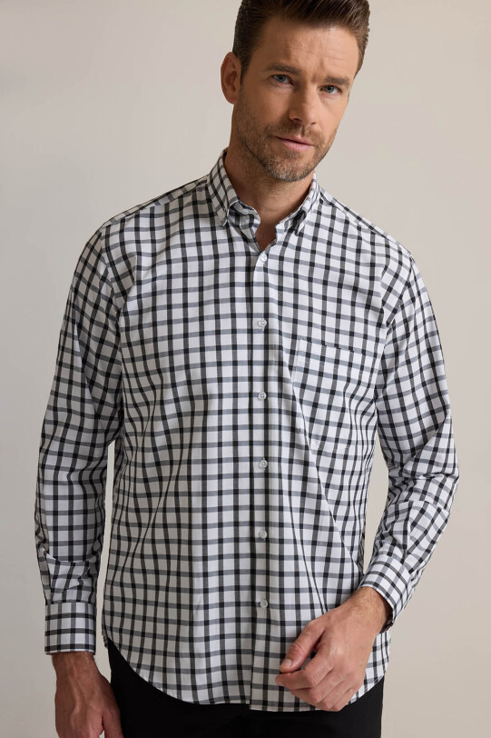 Erkek Siyah Regular Fit Yaka Düğmeli Kare Desenli Pamuklu Gömlek