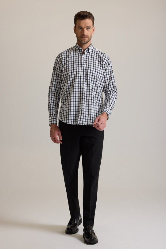 Erkek Siyah Regular Fit Yaka Düğmeli Kare Desenli Pamuklu Gömlek