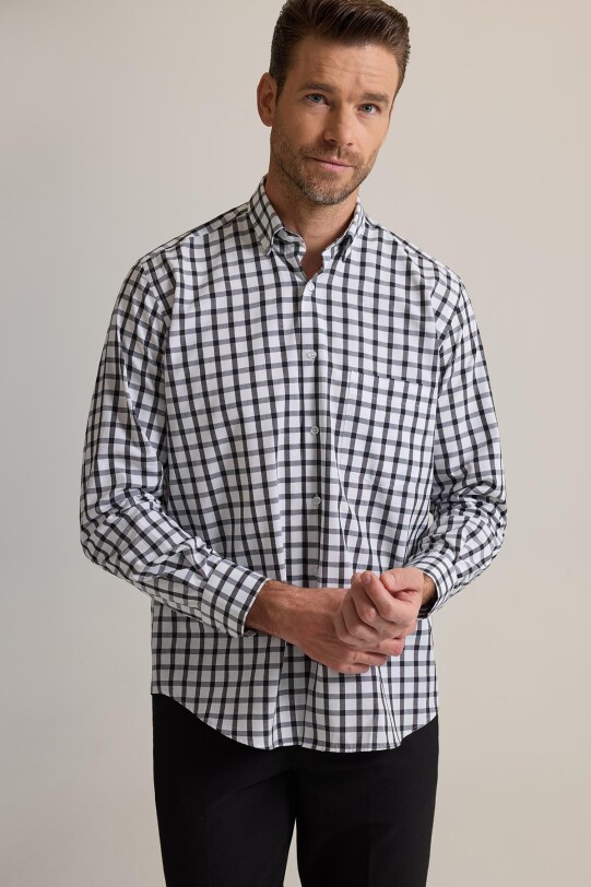 Erkek Siyah Regular Fit Yaka Düğmeli Kare Desenli Pamuklu Gömlek