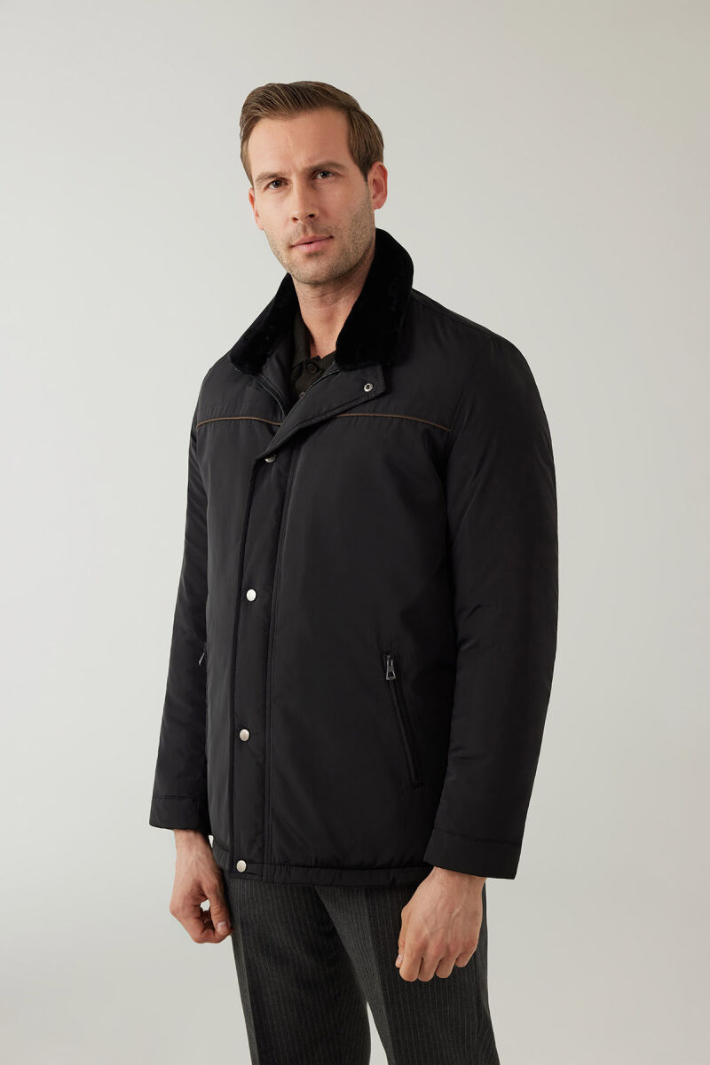 Erkek Siyah Regular Fit Yakası Kürklü Kaban - 2