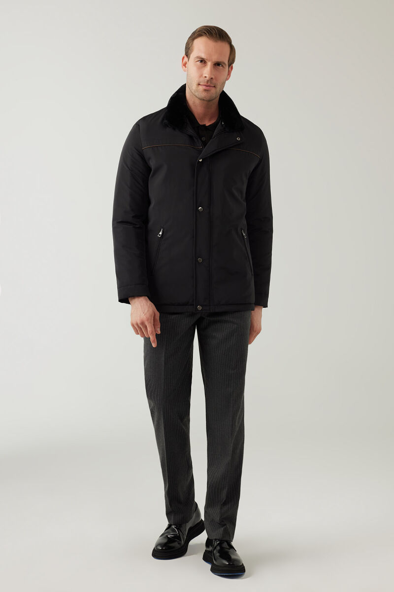 Erkek Siyah Regular Fit Yakası Kürklü Kaban - 3