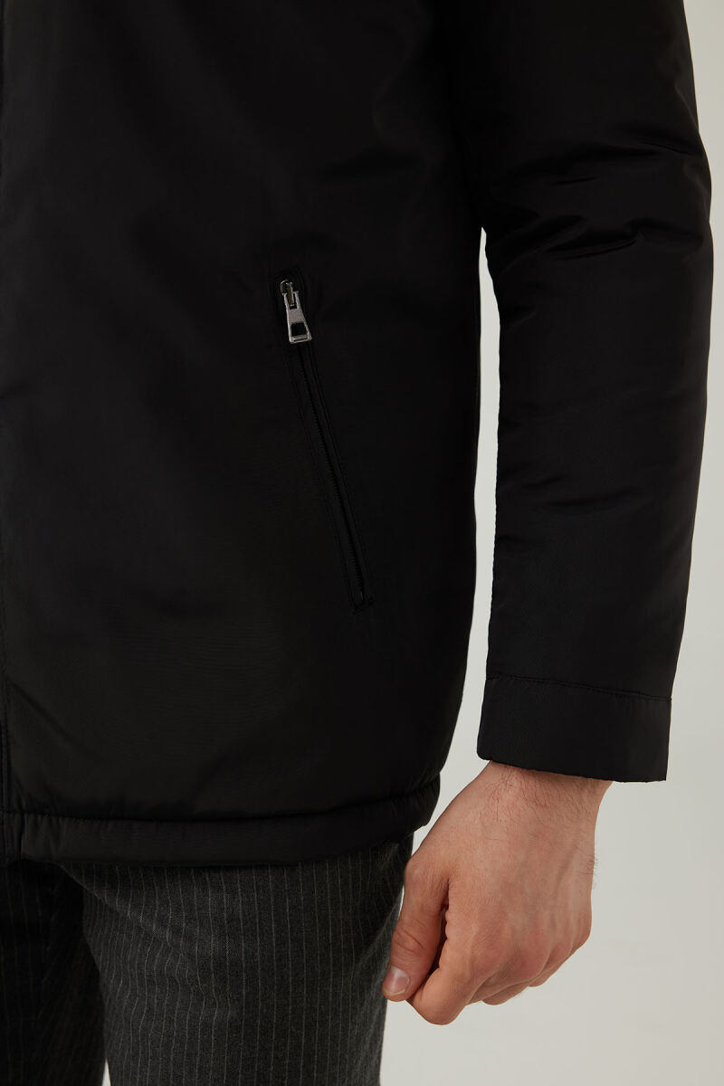 Erkek Siyah Regular Fit Yakası Kürklü Kaban - 6