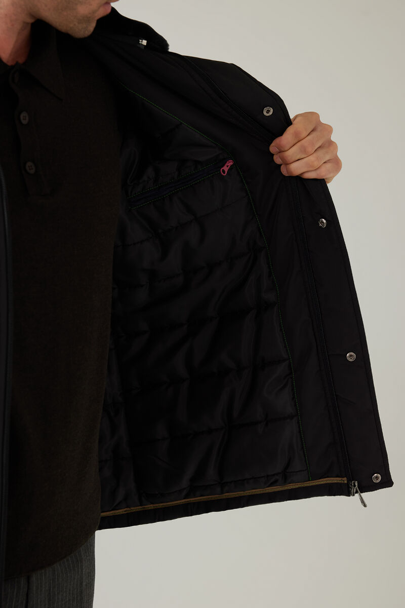 Erkek Siyah Regular Fit Yakası Kürklü Kaban - 7