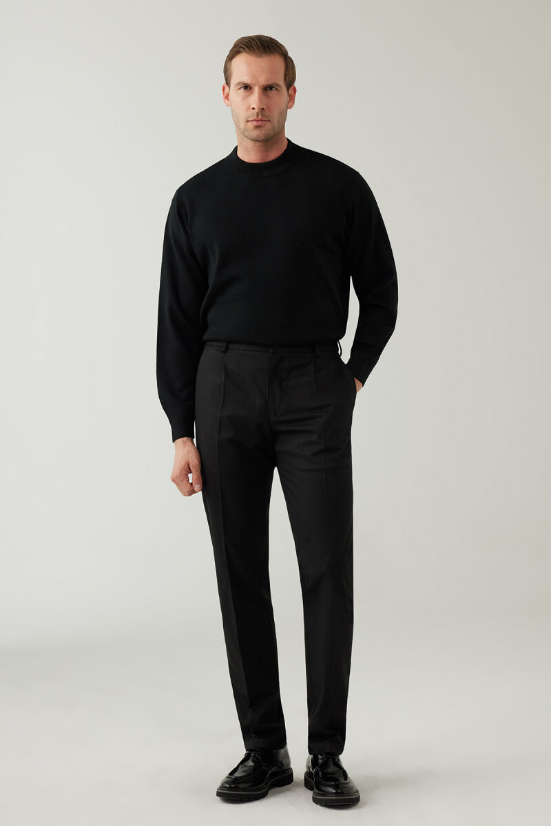 Erkek Siyah Regular Fit Yan Cep Hafif Çizgili Pileli Kanvas Pantolon - 4