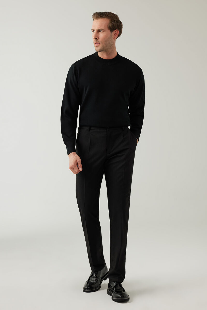 Erkek Siyah Regular Fit Yan Cep Hafif Çizgili Pileli Kanvas Pantolon - 5