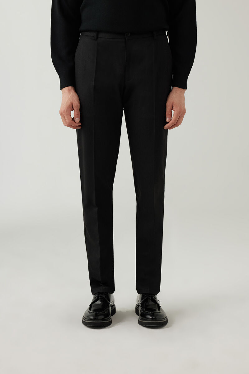 Erkek Siyah Regular Fit Yan Cep Hafif Çizgili Pileli Kanvas Pantolon - 6