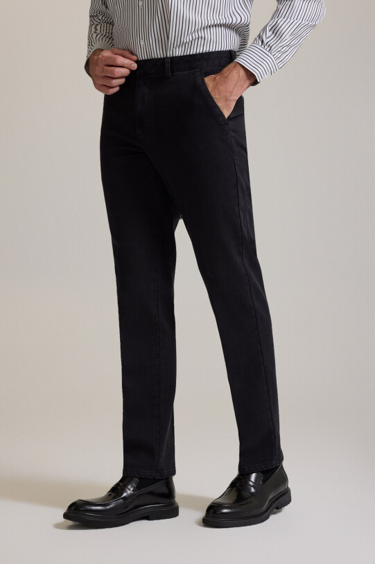 Erkek Siyah Regular Fit Yan Cepli Kot Pantolon