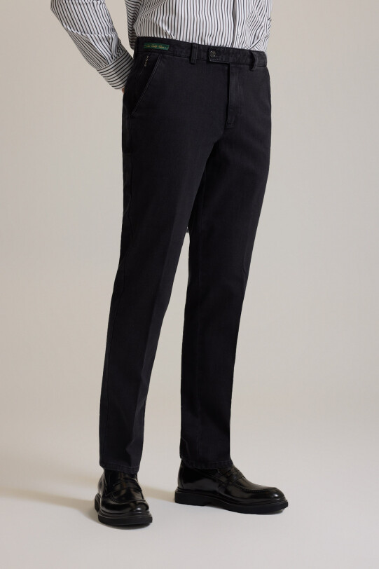 Erkek Siyah Regular Fit Yan Cepli Kot Pantolon