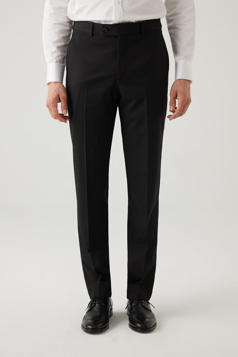 Erkek Siyah Regular Fit Yün Yan Cep Kumaş Pantolon - 1