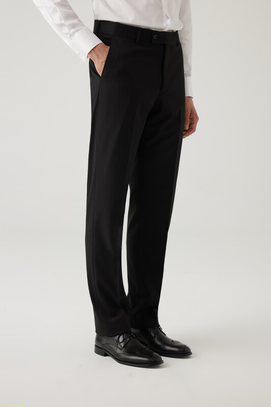 Erkek Siyah Regular Fit Yün Yan Cep Kumaş Pantolon