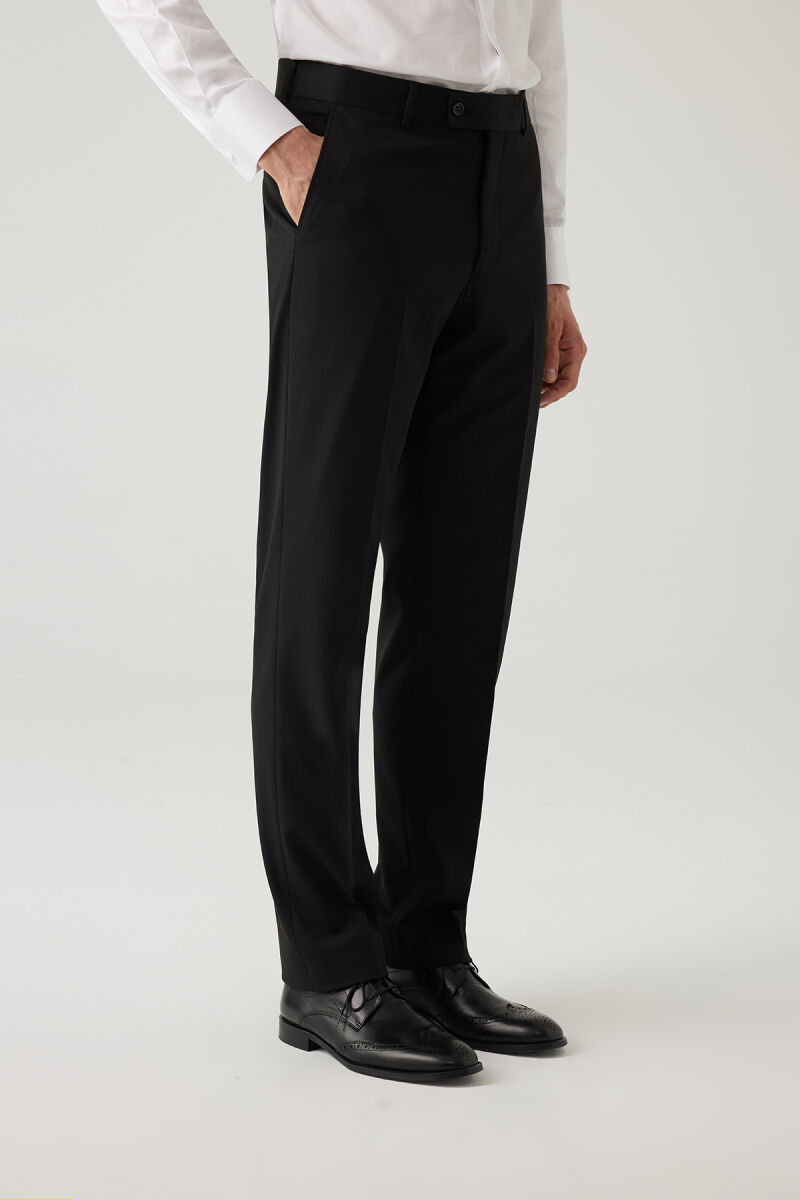Erkek Siyah Regular Fit Yün Yan Cep Kumaş Pantolon - 2