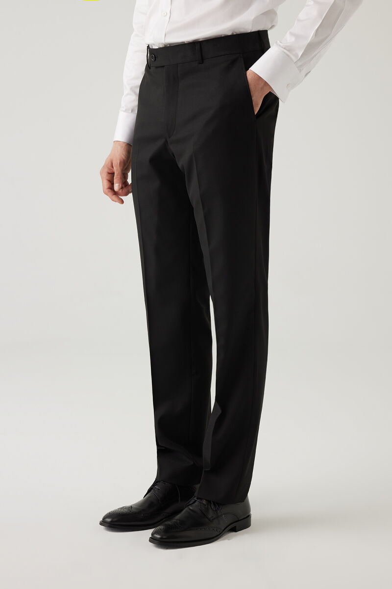 Erkek Siyah Regular Fit Yün Yan Cep Kumaş Pantolon - 3