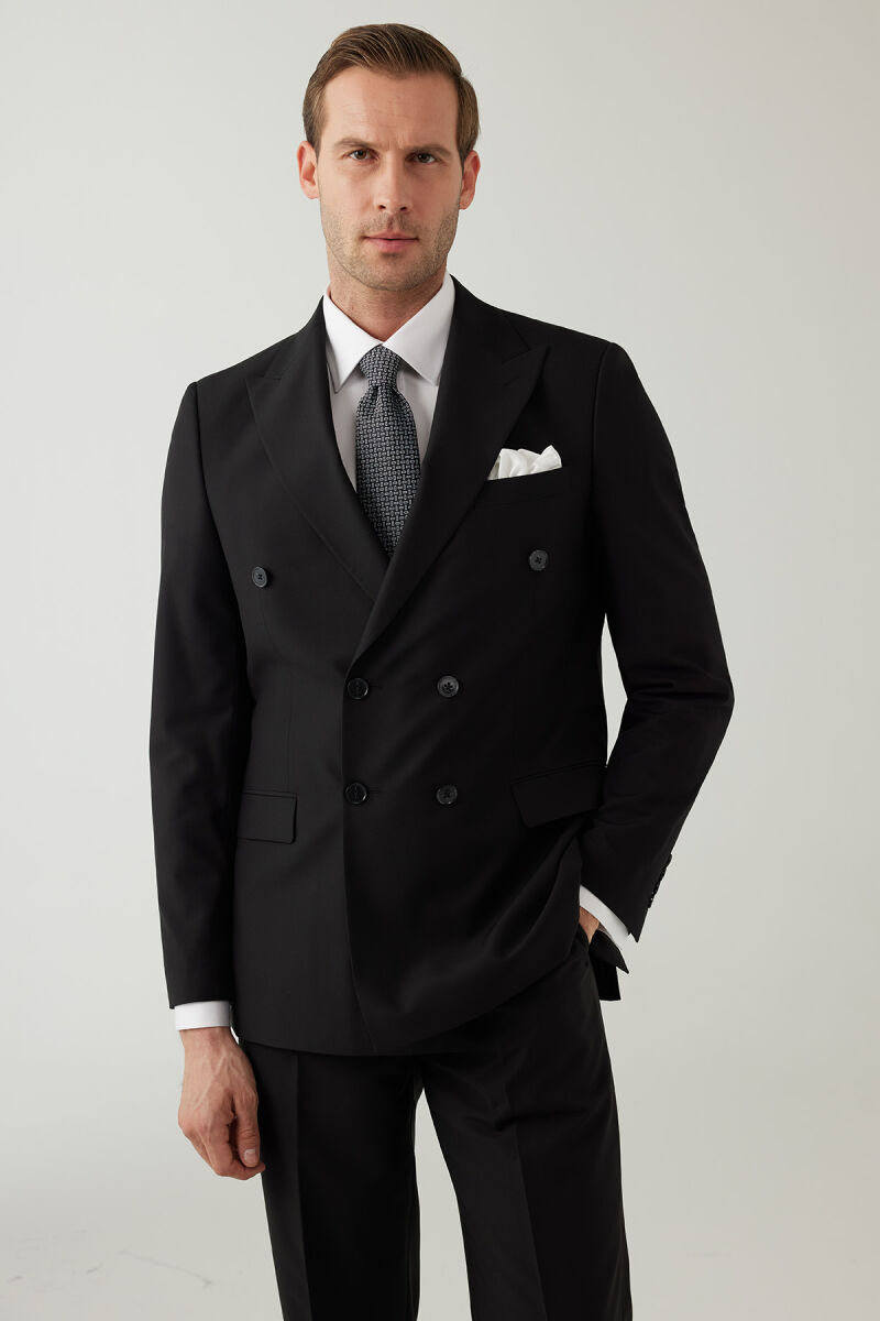 Erkek Siyah Regular Fit Yünlü Likralı Kruvaze Yaka Takım Elbise - 1