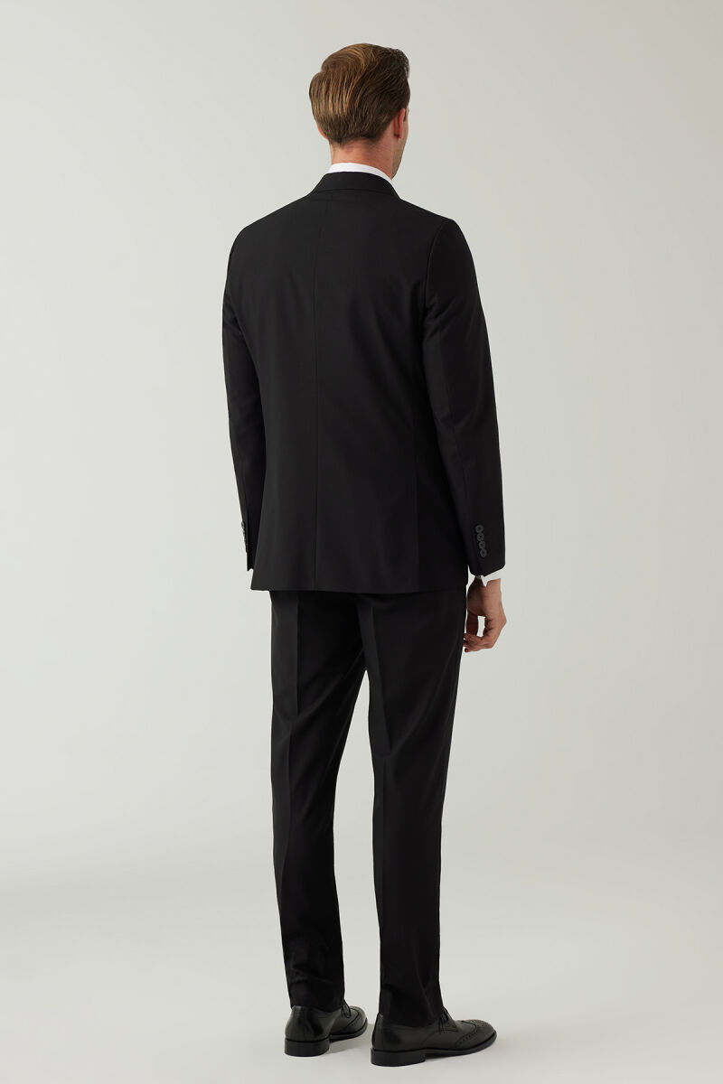 Erkek Siyah Regular Fit Yünlü Likralı Kruvaze Yaka Takım Elbise - 12