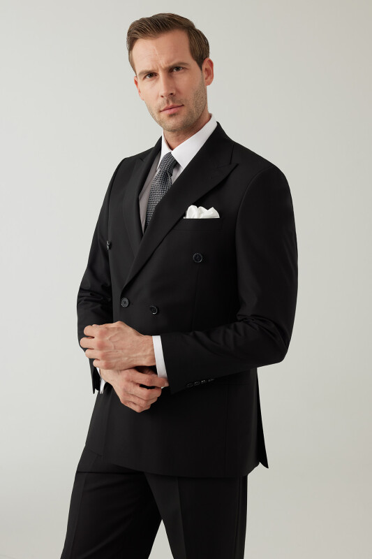 Erkek Siyah Regular Fit Yünlü Likralı Kruvaze Yaka Takım Elbise