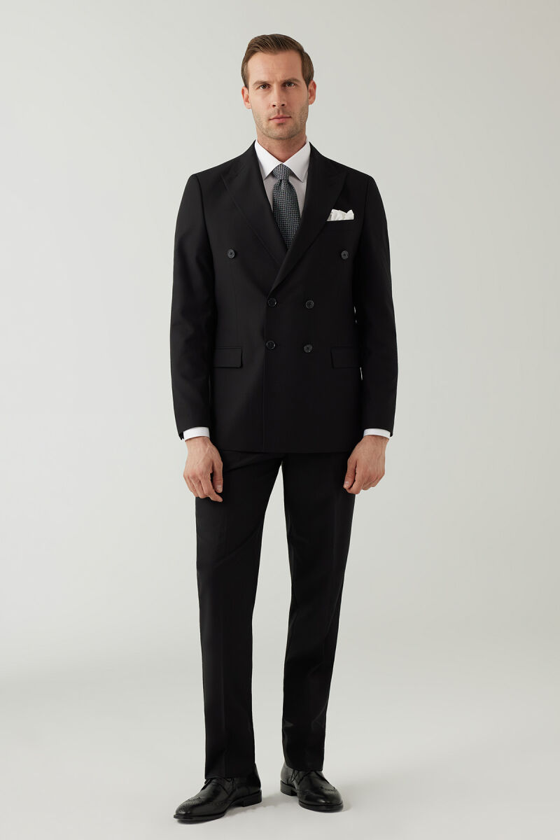 Erkek Siyah Regular Fit Yünlü Likralı Kruvaze Yaka Takım Elbise - 3